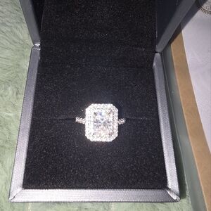 NIB Moissanite Radiant Cut Double Halo Sterling Silver Ring Sz 6.25